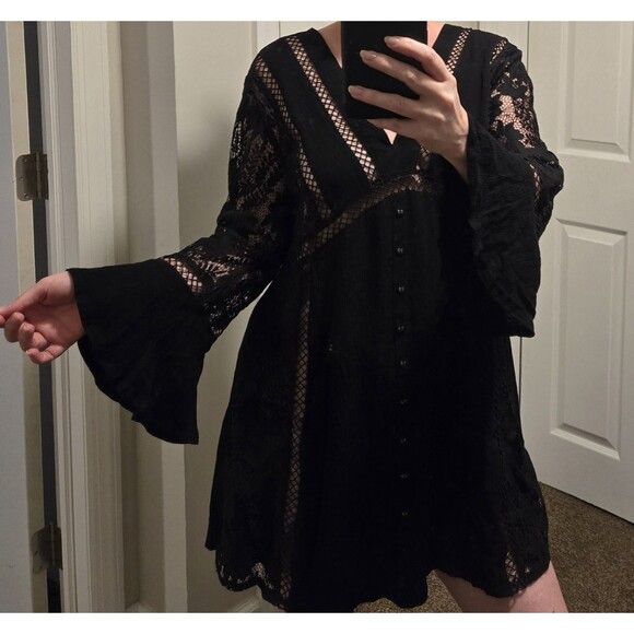 Rumor Babydoll Mini Dress Shirt Lace SZ 12  Black Bell Sleeve Y2k Whimsical Goth - Picture 13 of 16